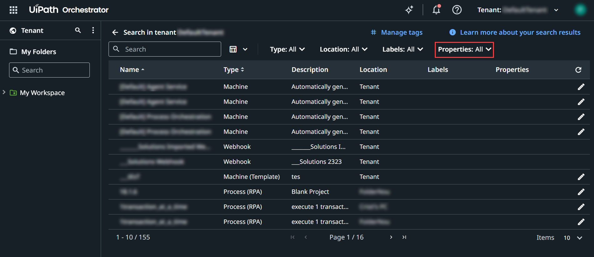 Screenshot of the Properties filter