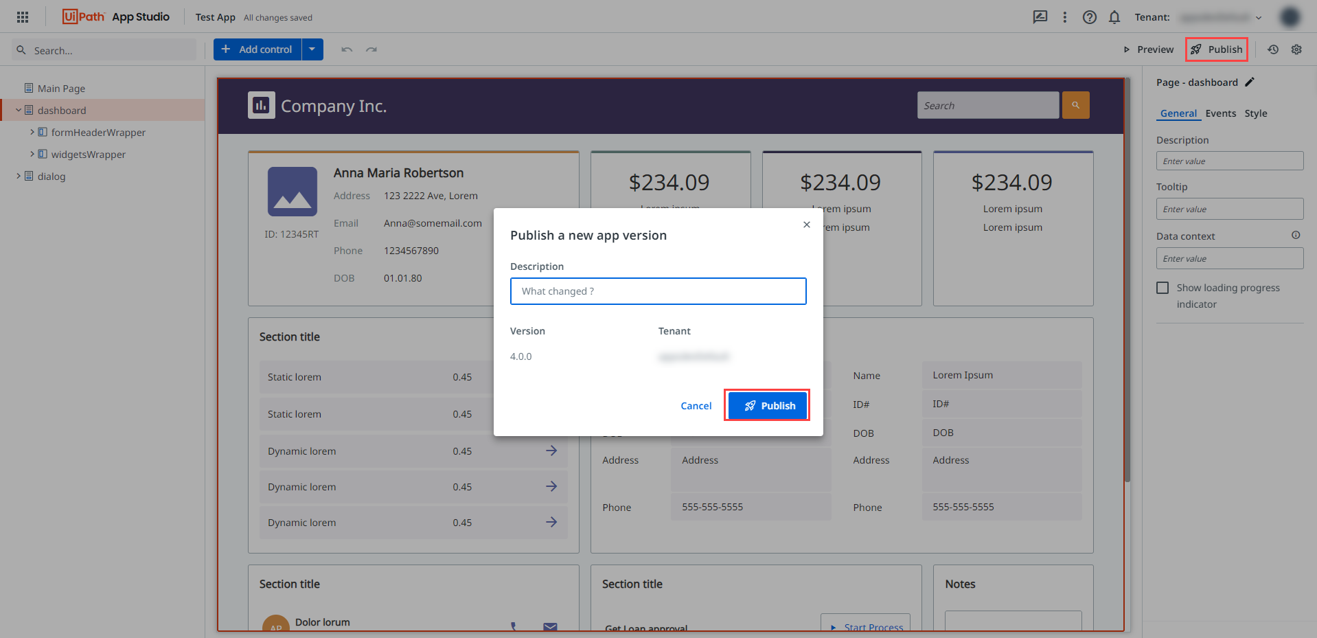 Screenshot of the Publish a new app version window