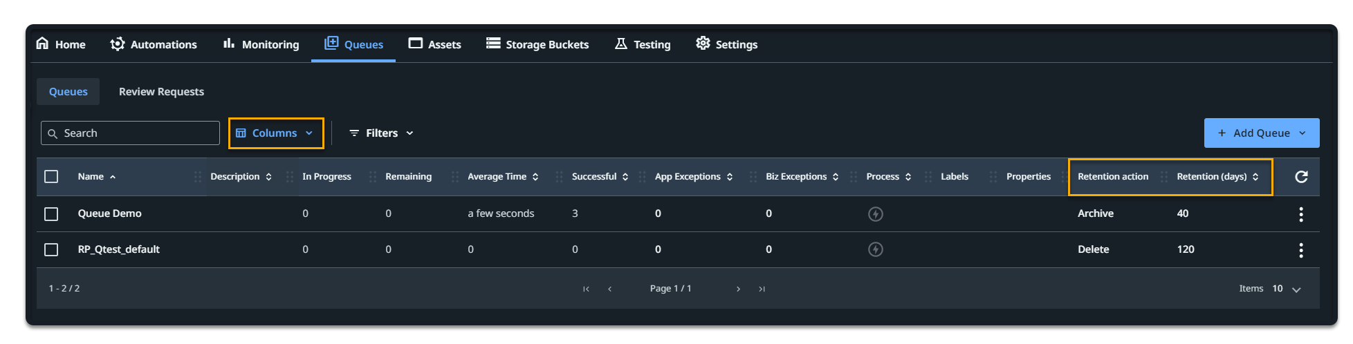 Screenshot of the Retention action column
