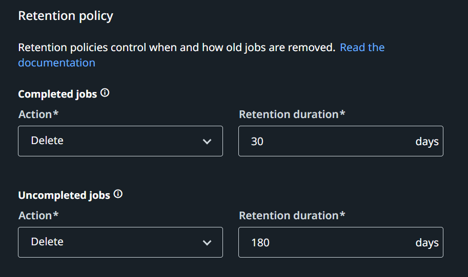 Screenshot of the Retention policy configuration
