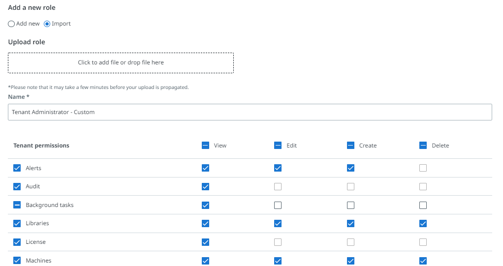 ロールの権限のインターフェイスのスクリーンショット