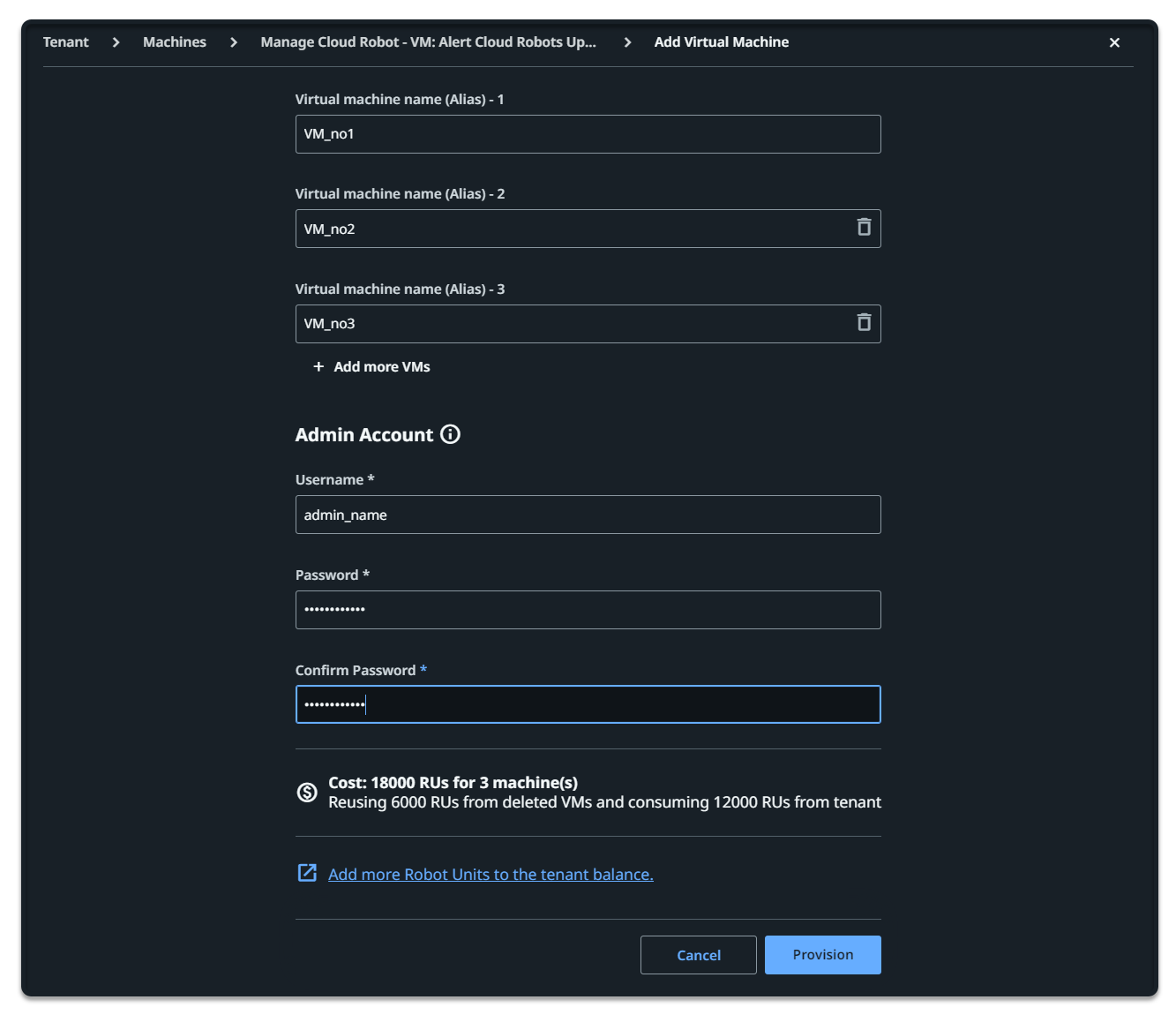 Screenshot of the RU cost updated to reflect the number of VMs