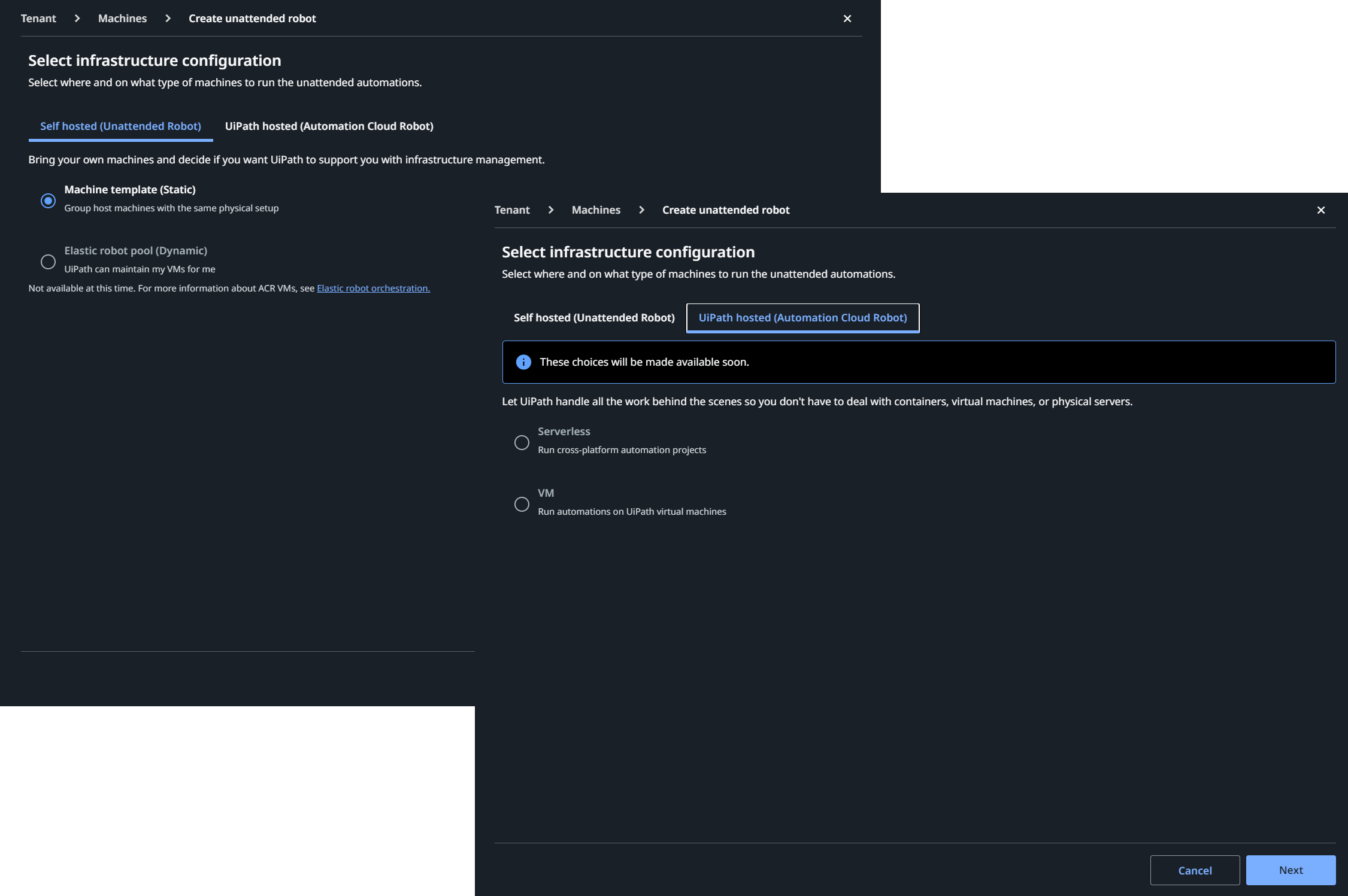 Captura de pantalla de las pantallas Seleccionar configuración de infraestructura