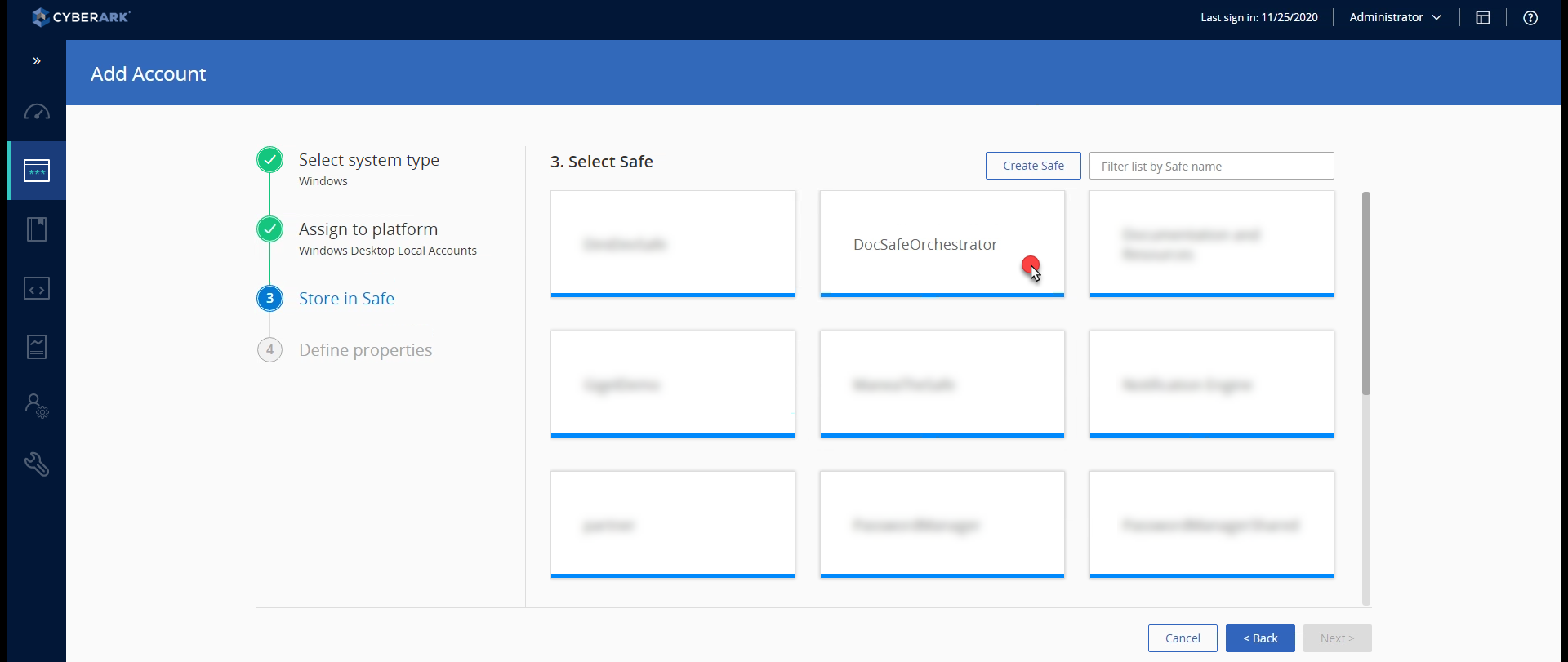Screenshot of the Select Safe interface in CyberArk