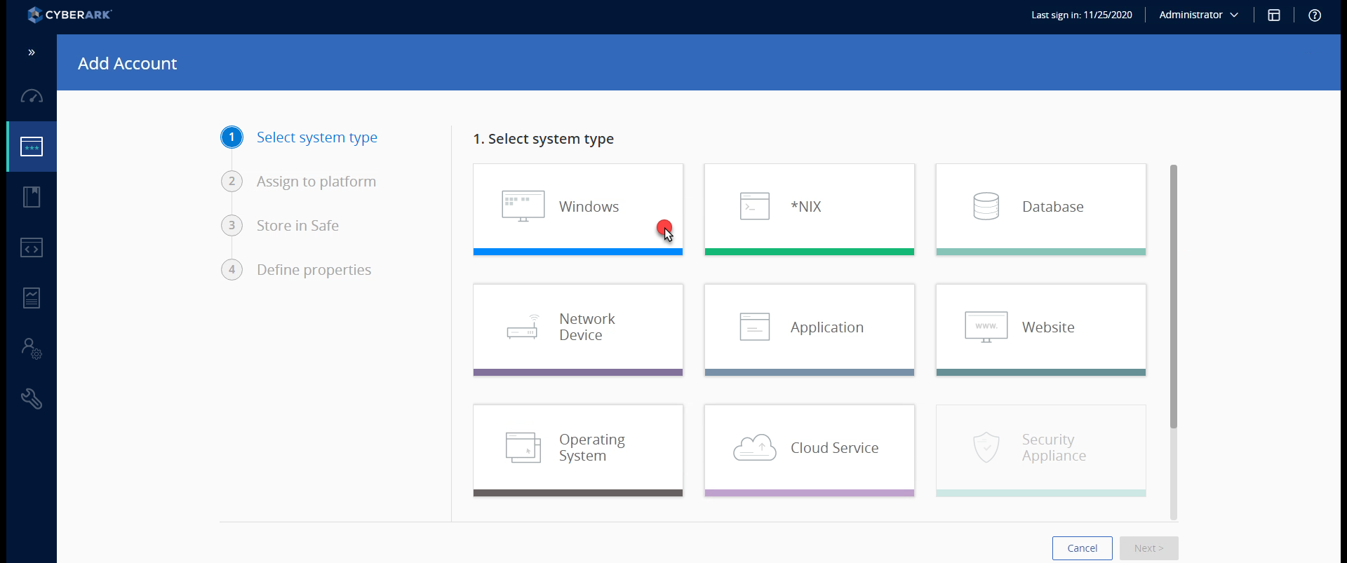 Screenshot of the Select system type interface in CyberArk