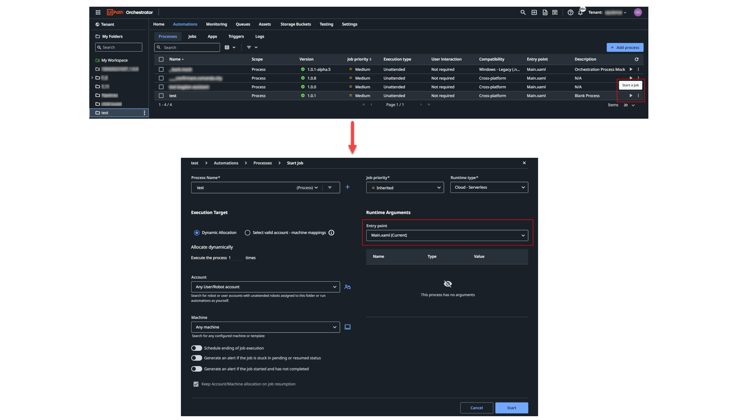 Screenshot of the Start a Job button