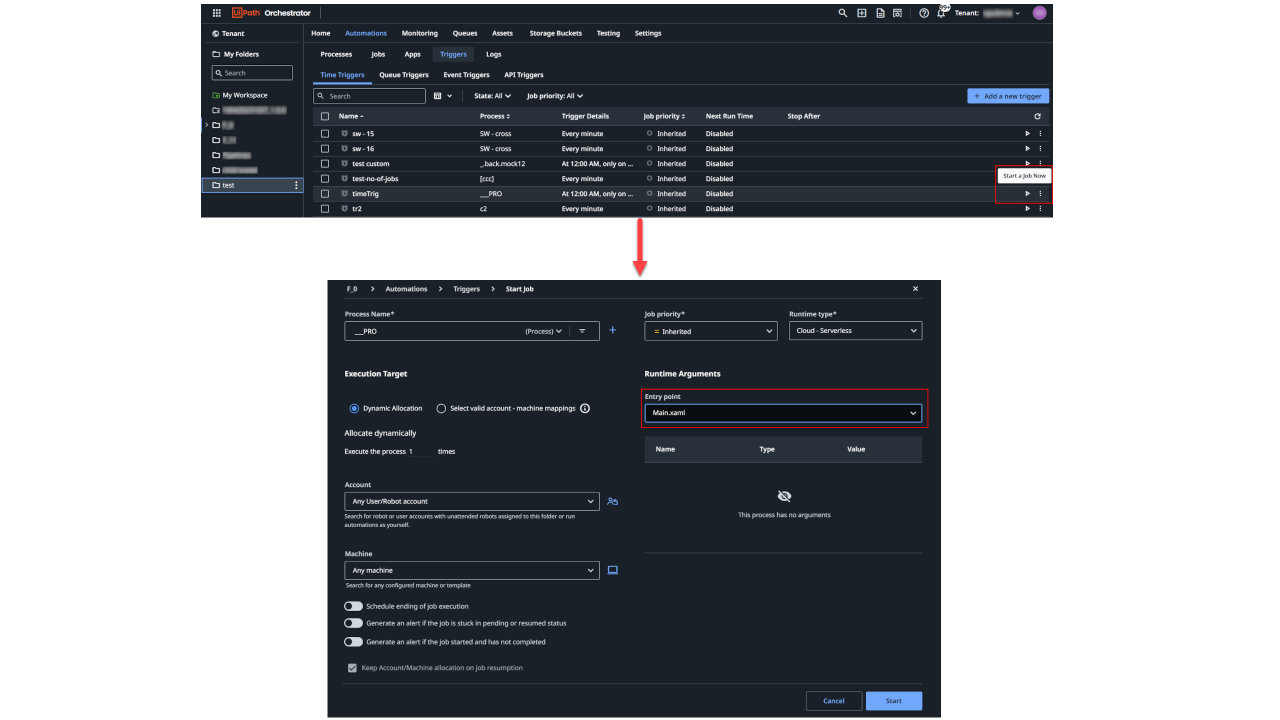Screenshot of the Start a Job Now button
