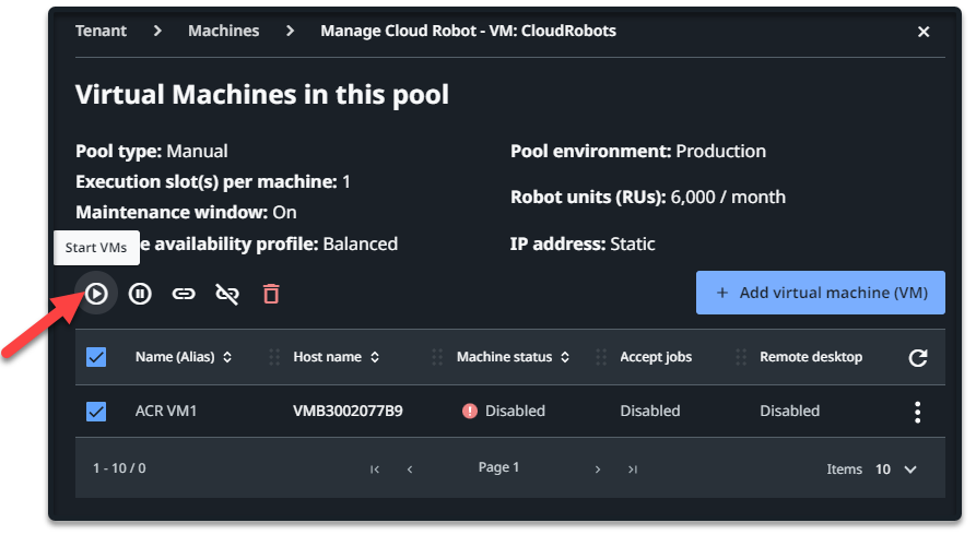 Screenshot of the Start VMs button