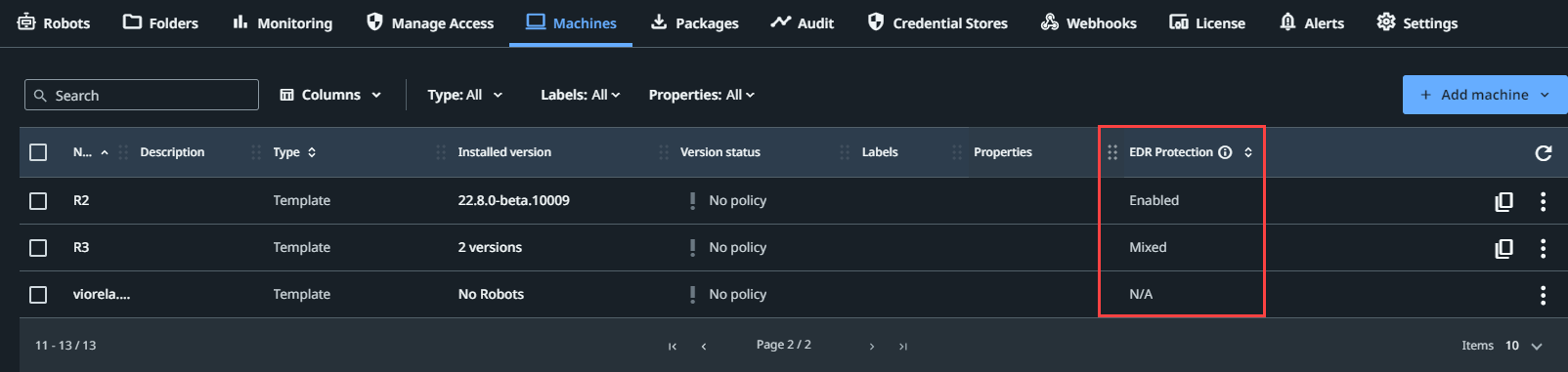 Screenshot of the statuses available in the Machines page