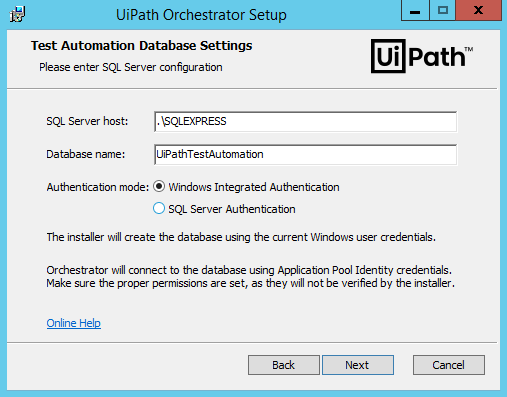 Screenshot of the Test Automation Database Settings page