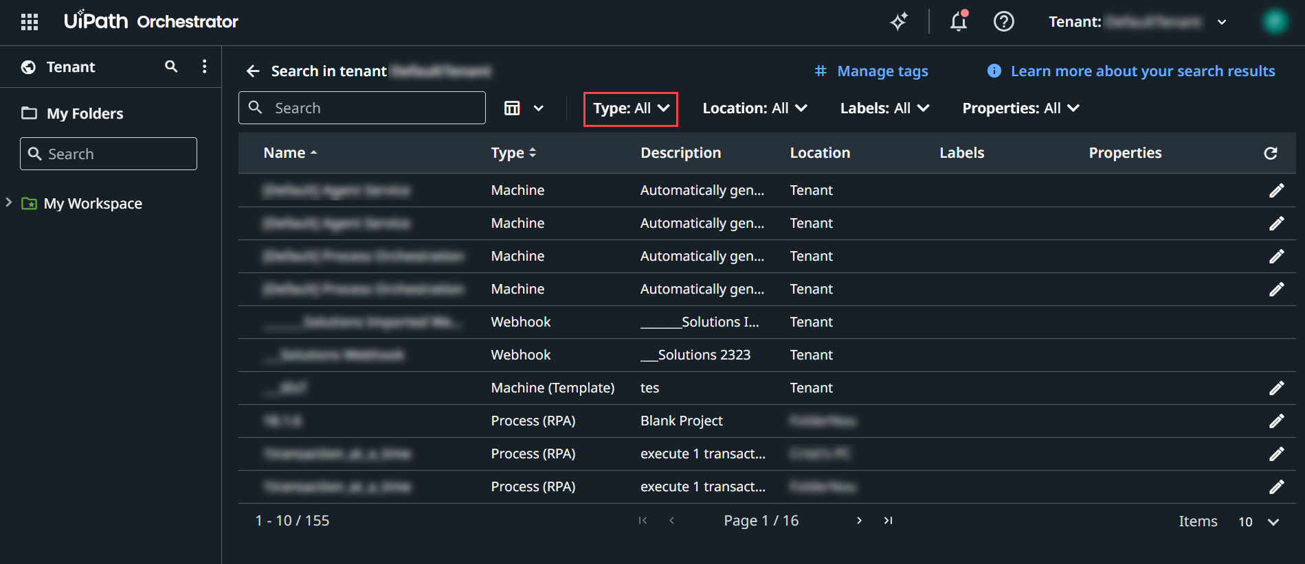 Screenshot of the Type filter
