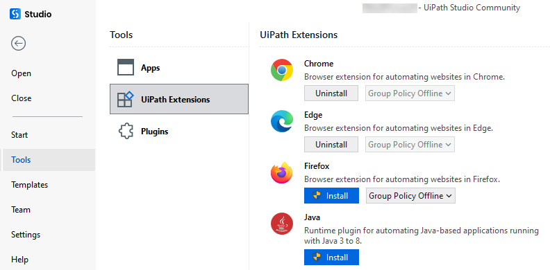 Screenshot of the UiPath Extensions page