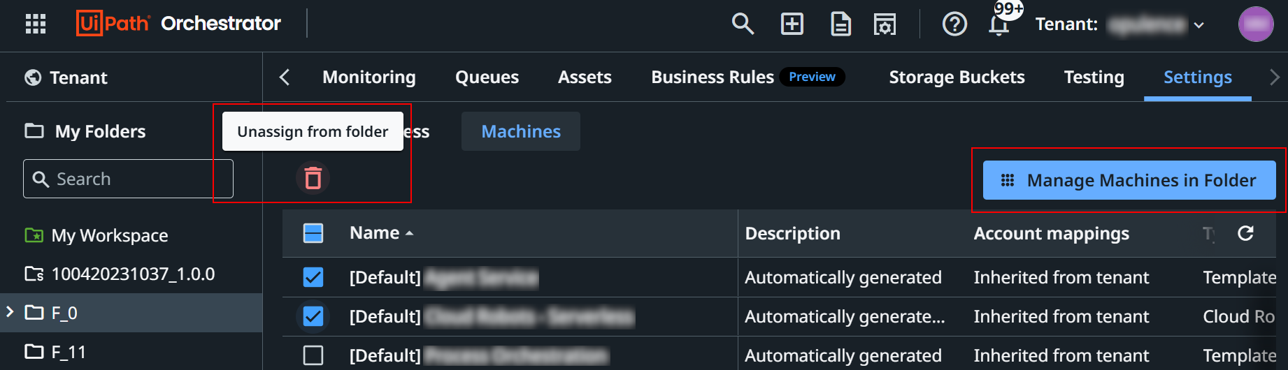 Screenshot of the Unassign from folder button