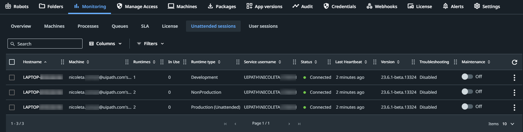 Screenshot of the Unattended sessions interface