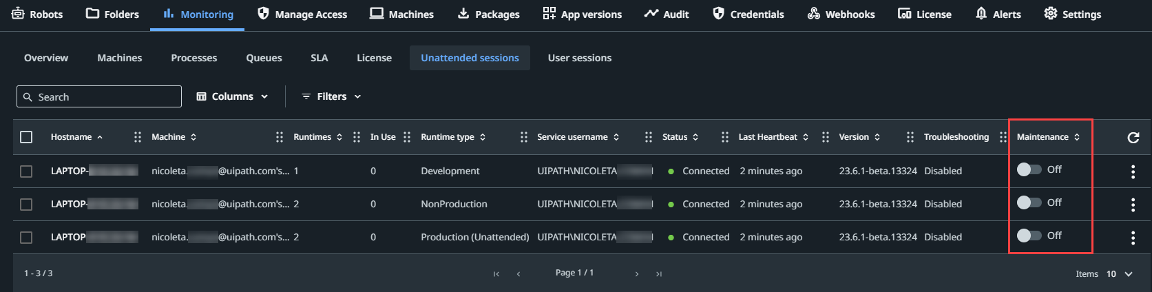 Captura de pantalla de la página Sesiones desatendidas