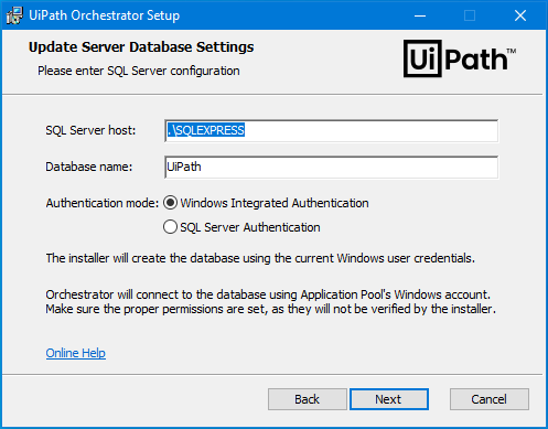 Screenshot of the Update Server Database Settings page