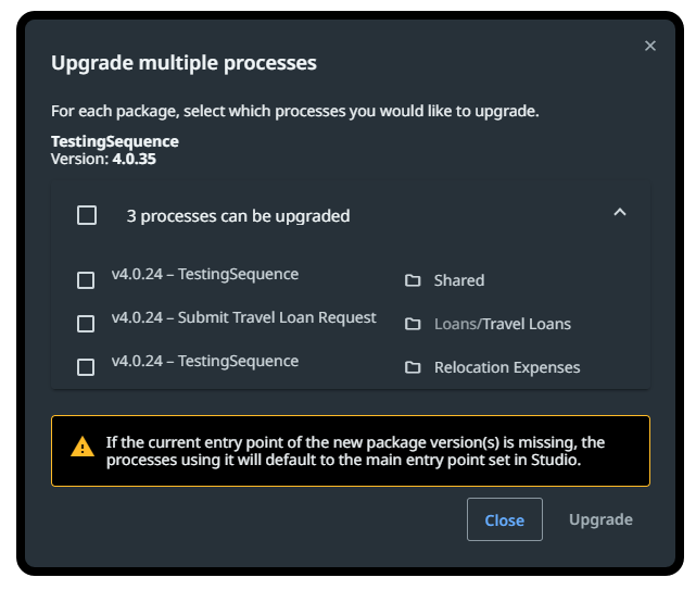 [複数のプロセスをアップグレード] ページのスクリーンショット