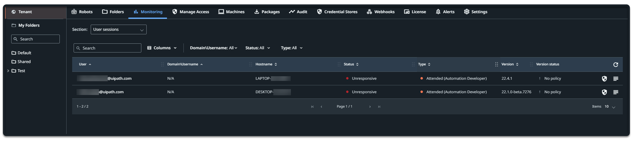Screenshot of the User sessions interface