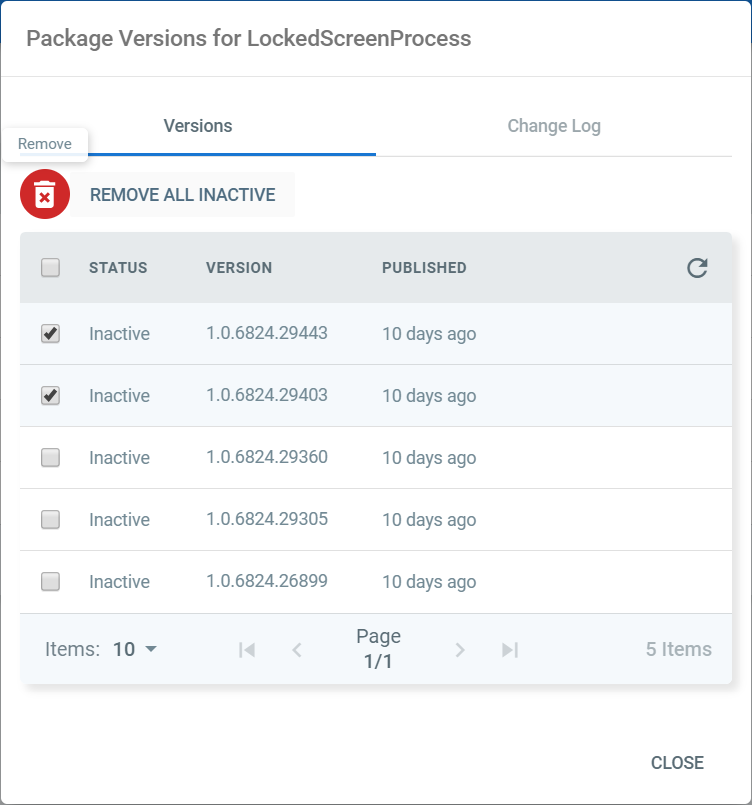 [バージョン] タブのスクリーンショット