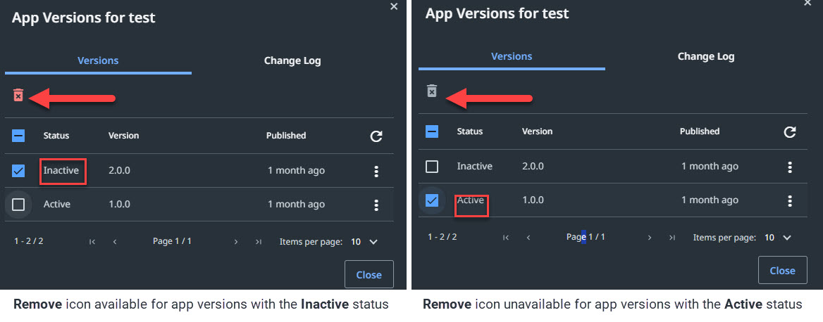 Captura de pantalla de la pestaña Versiones