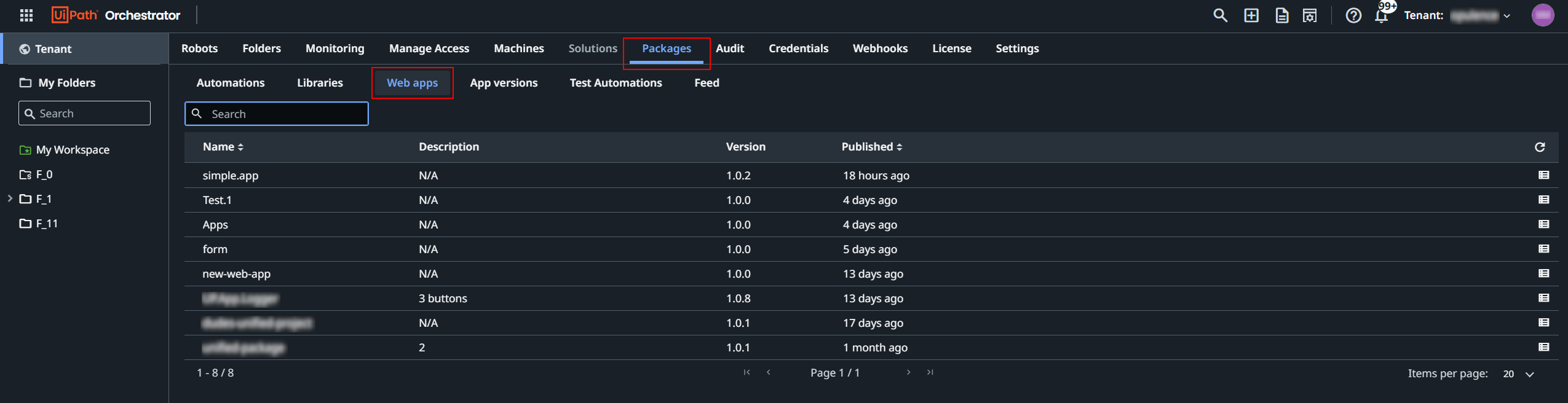 Screenshot of the Web apps tab