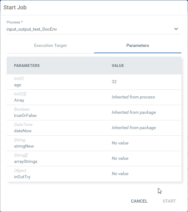 Screenshot with the argument values page