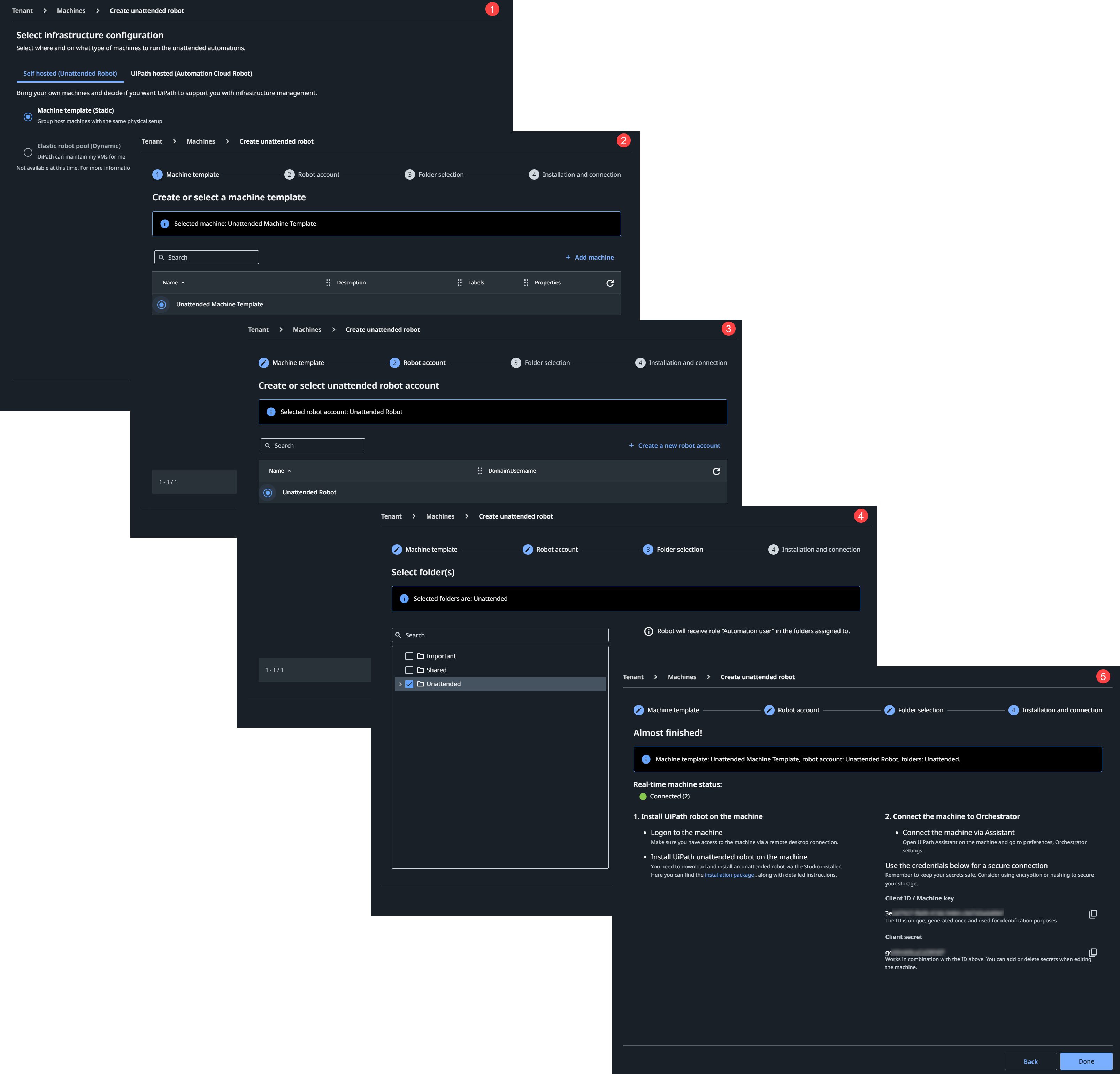 Capturas de pantalla de los menús Crear robot desatendido