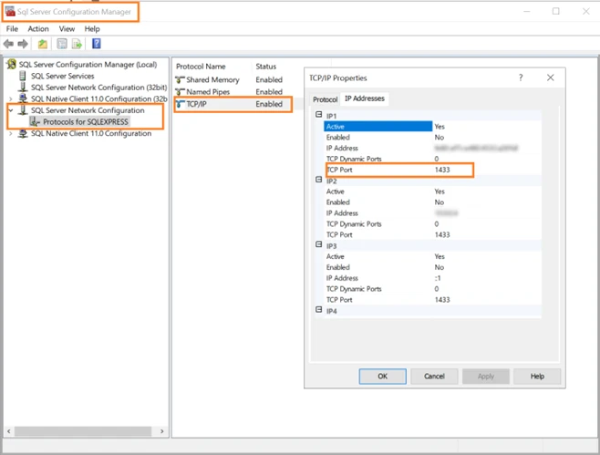 Gerenciador de configuração do SQL Server para configuração de porta TCP