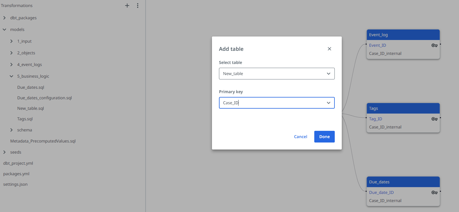 Add table dialog