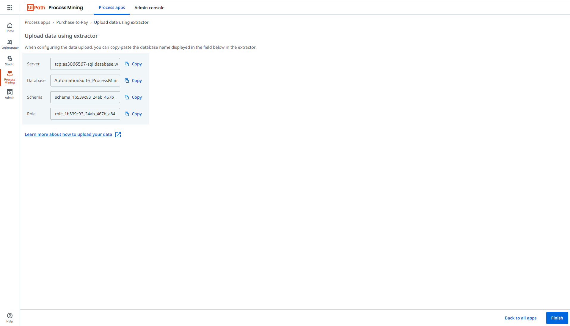 App schema in the Upload data using extractor step.