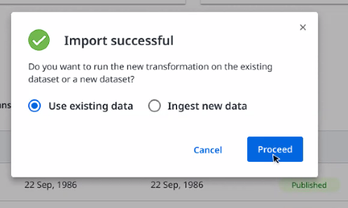 Import successful notification message