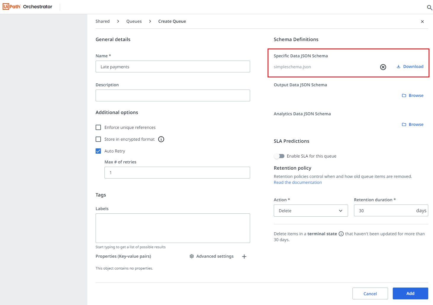 Specify data JSON schema