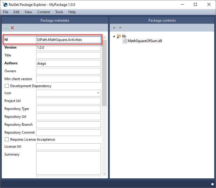 Fornecendo valores para as propriedades do MathSquareOfSum.dll