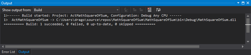 O painel Saída para o MathSquareOfSum.dll.