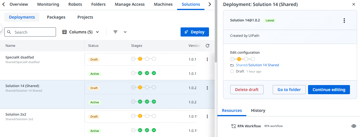 Deployments sidebar for a Draft row showing Continue editing, Go to folder, and Delete draft actions