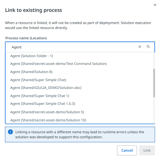 The Link to existing dialog showing available components and an information note about name mismatches