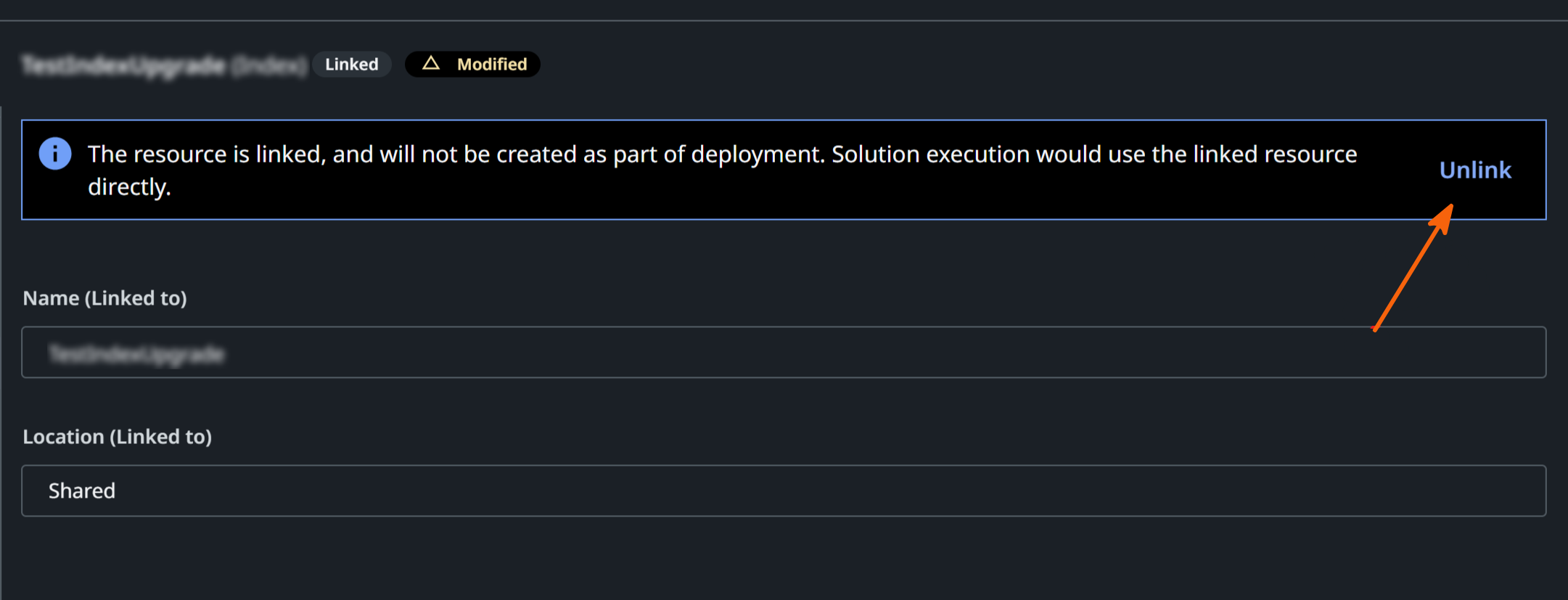 Resource explorer info banner for a linked resource, with the Unlink action highlighted in the top-right corner