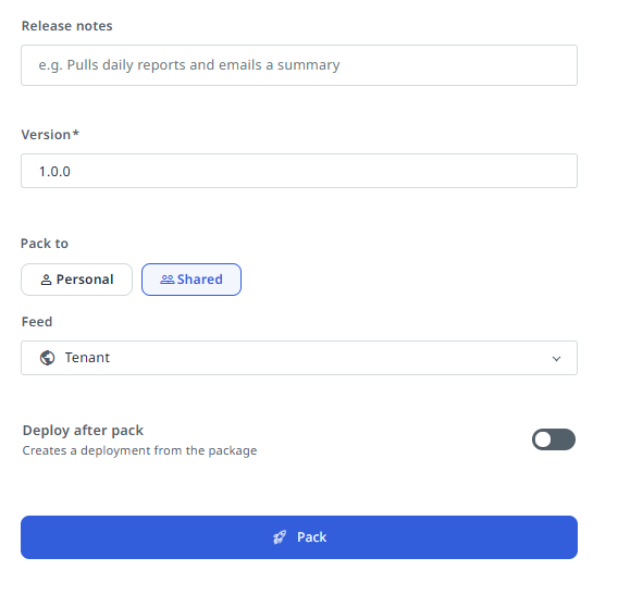 Publish Setup form with the Pack to and Feed options