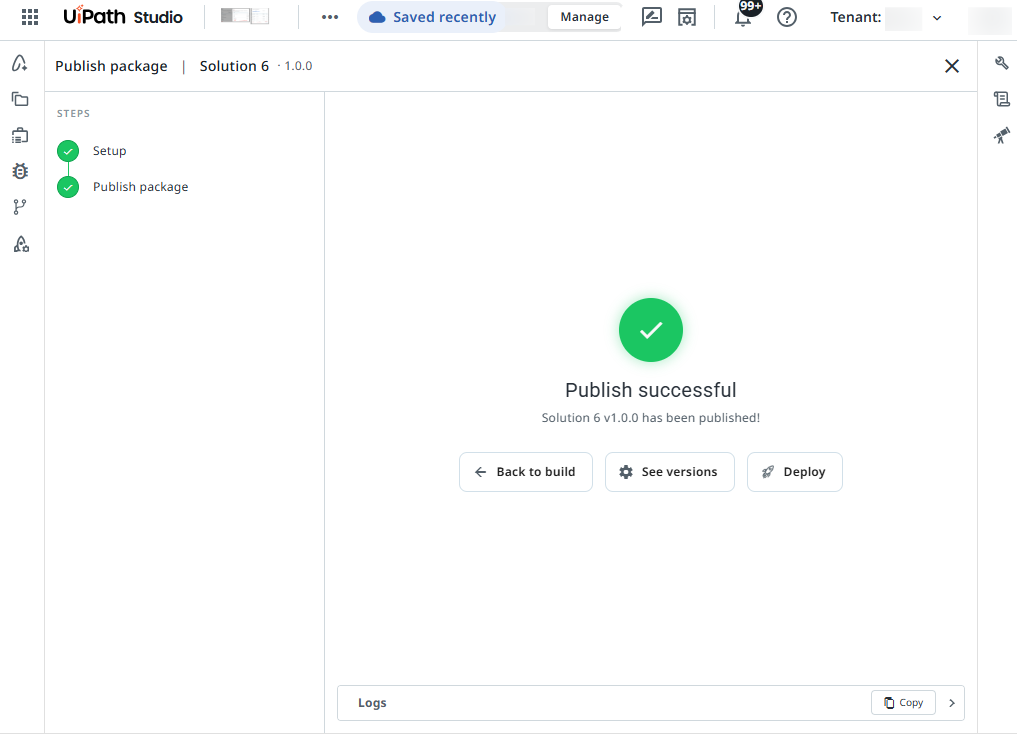Publish successful confirmation showing Back to build, See versions, and Deploy options