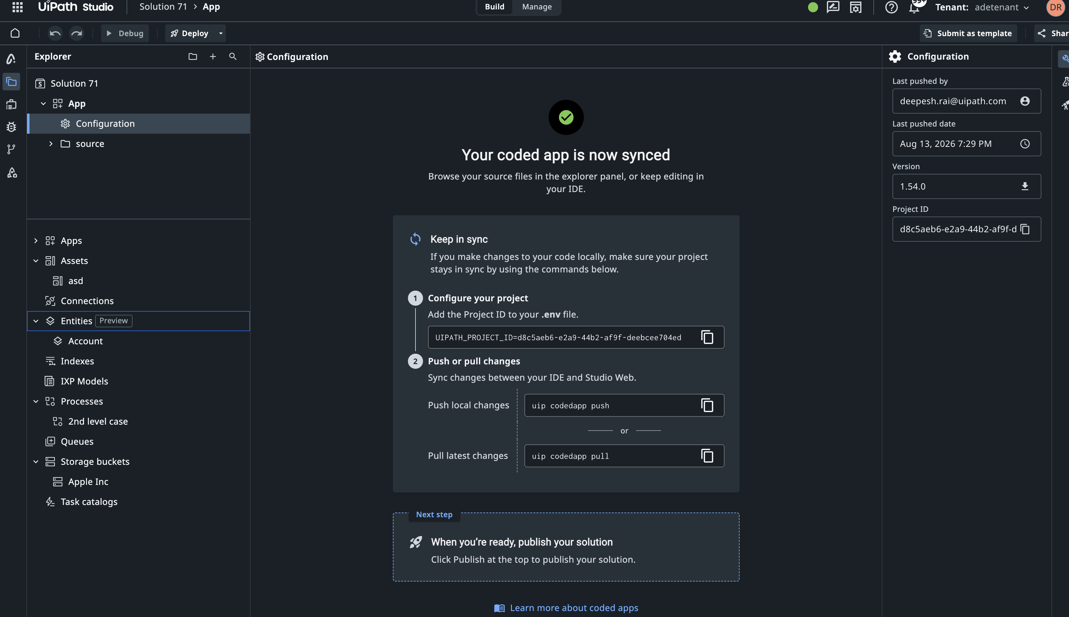 Coded app project synced in Studio Web, with the resource tree in the Explorer panel and the Configuration panel showing Project ID, version, and last-pushed date