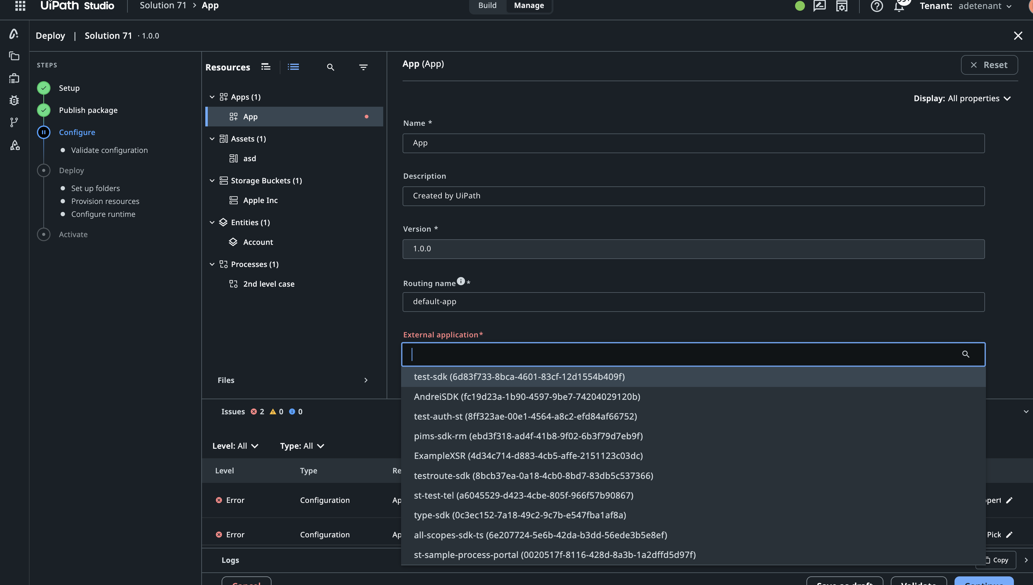 Deploy wizard on the Validate configuration step, listing the coded app's declared resources on the left and the configuration panel for the selected resource on the right