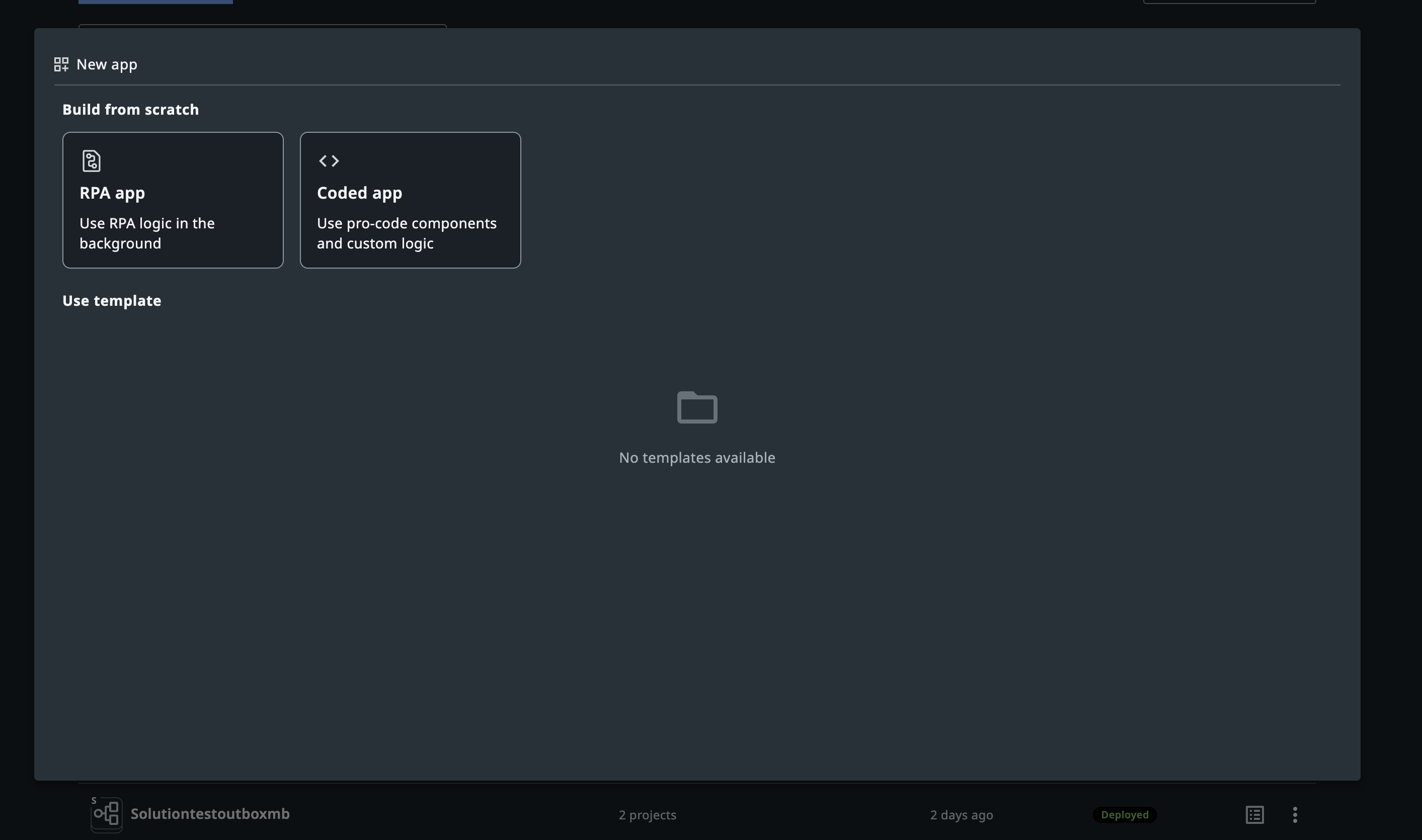 New app screen with the Coded app tile under Build from scratch