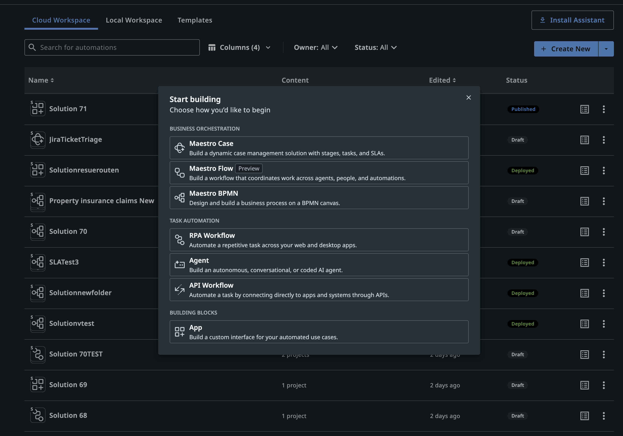 Start building dialog with the App option under Building blocks