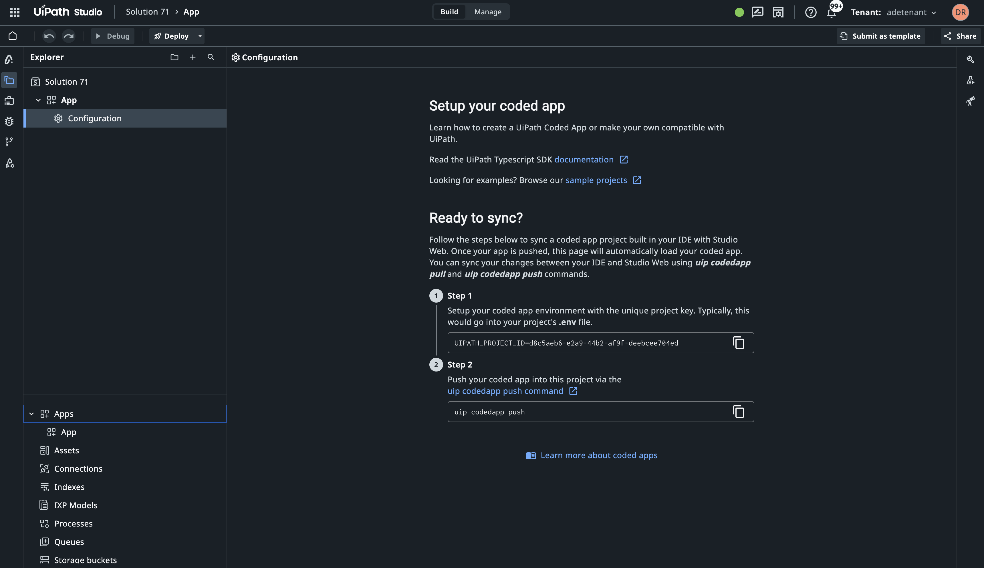 Setup your coded app view in Studio Web, showing SDK links and the uip codedapp push/pull commands