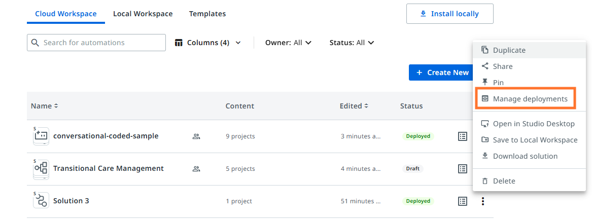 Manage deployments option in the solution context menu