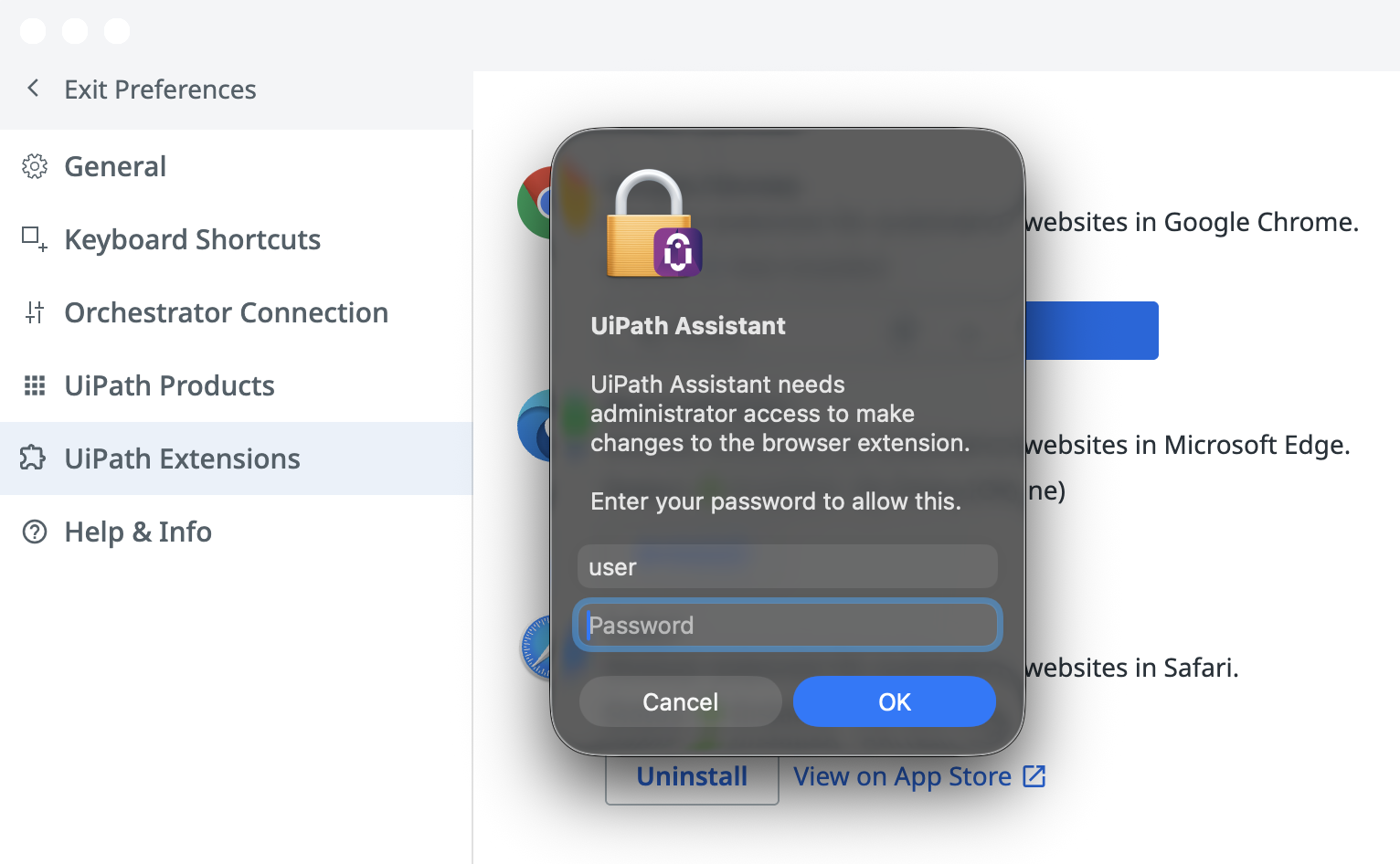 UiPath Assistant showing admin rights popup