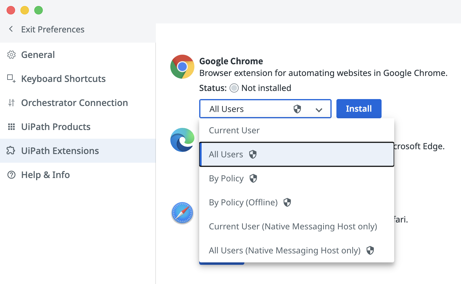 UiPath Assistant UiPath Extensions settings showing dropdown with install methods for Google Chrome