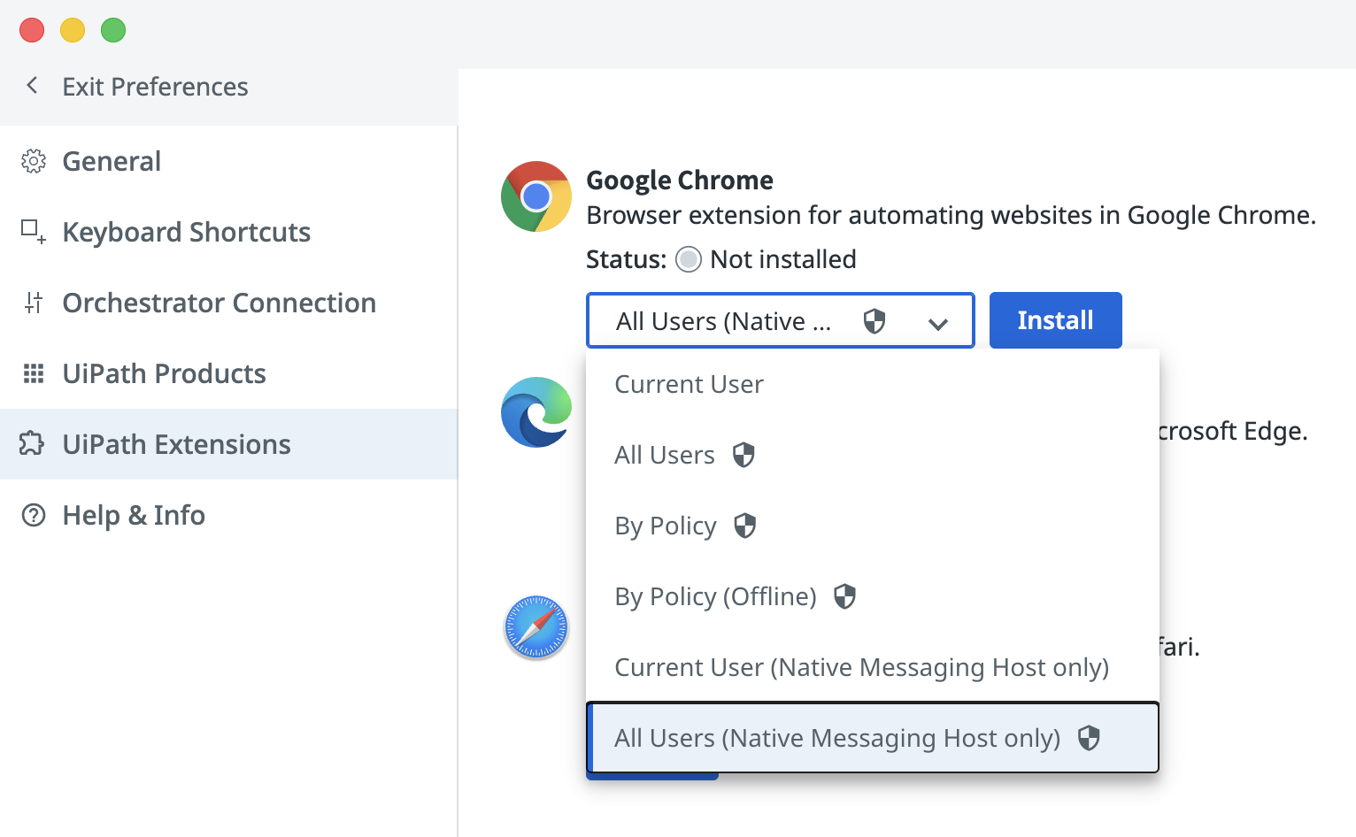 UiPath Assistant UiPath Extensions settings showing dropdown with install methods for Google Chrome