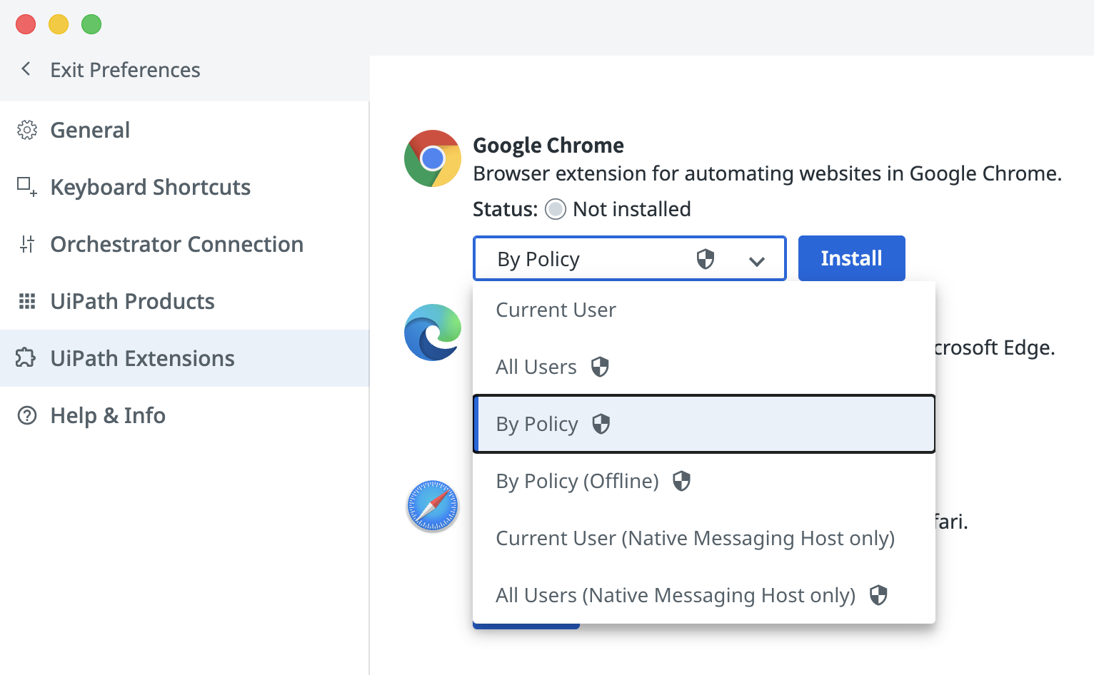 UiPath Assistant UiPath Extensions settings showing dropdown with install methods for Google Chrome