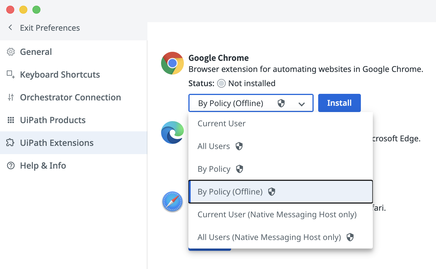 UiPath Assistant UiPath Extensions settings showing dropdown with install methods for Google Chrome